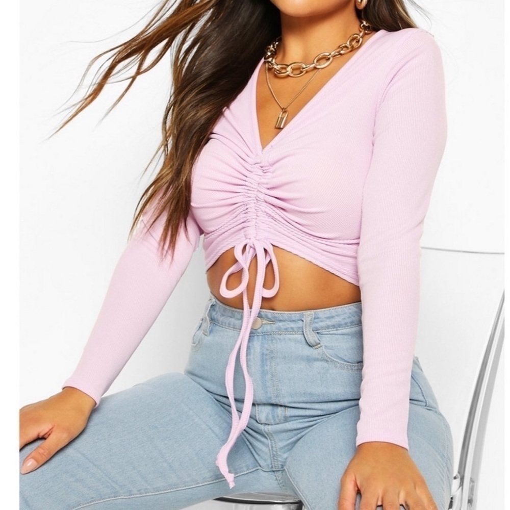 BOOHOO Ruched Chinch Tie Front Long-Sleeve Crop Top in Lilac Purple, Size 4 EUC
